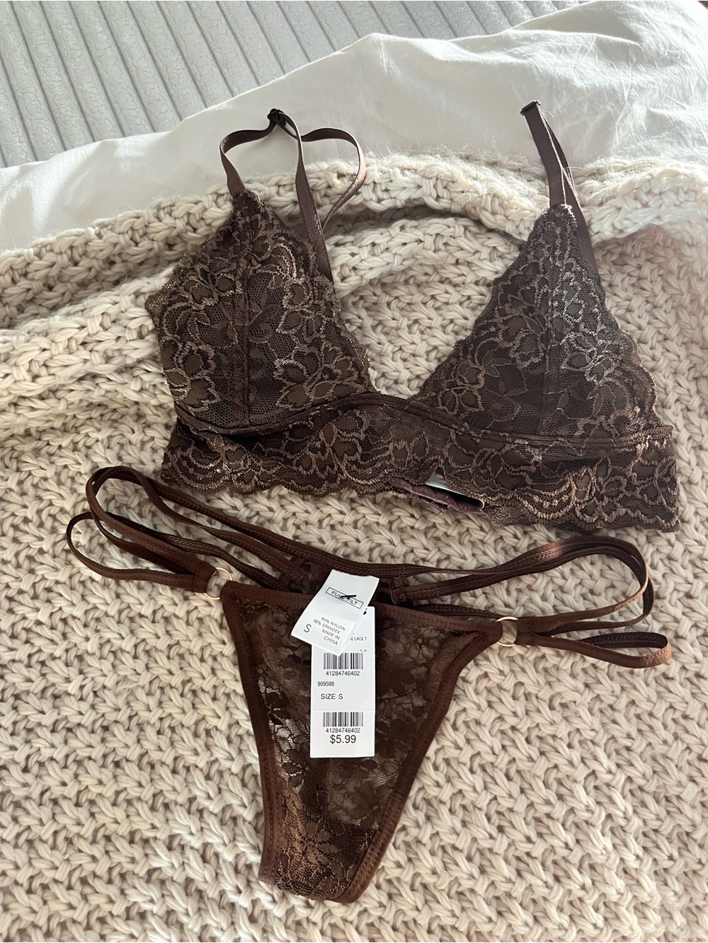 Brown Lace Bralette and Thong Panty Tillys Full Tilt Anemone Size Sm 2 pieces